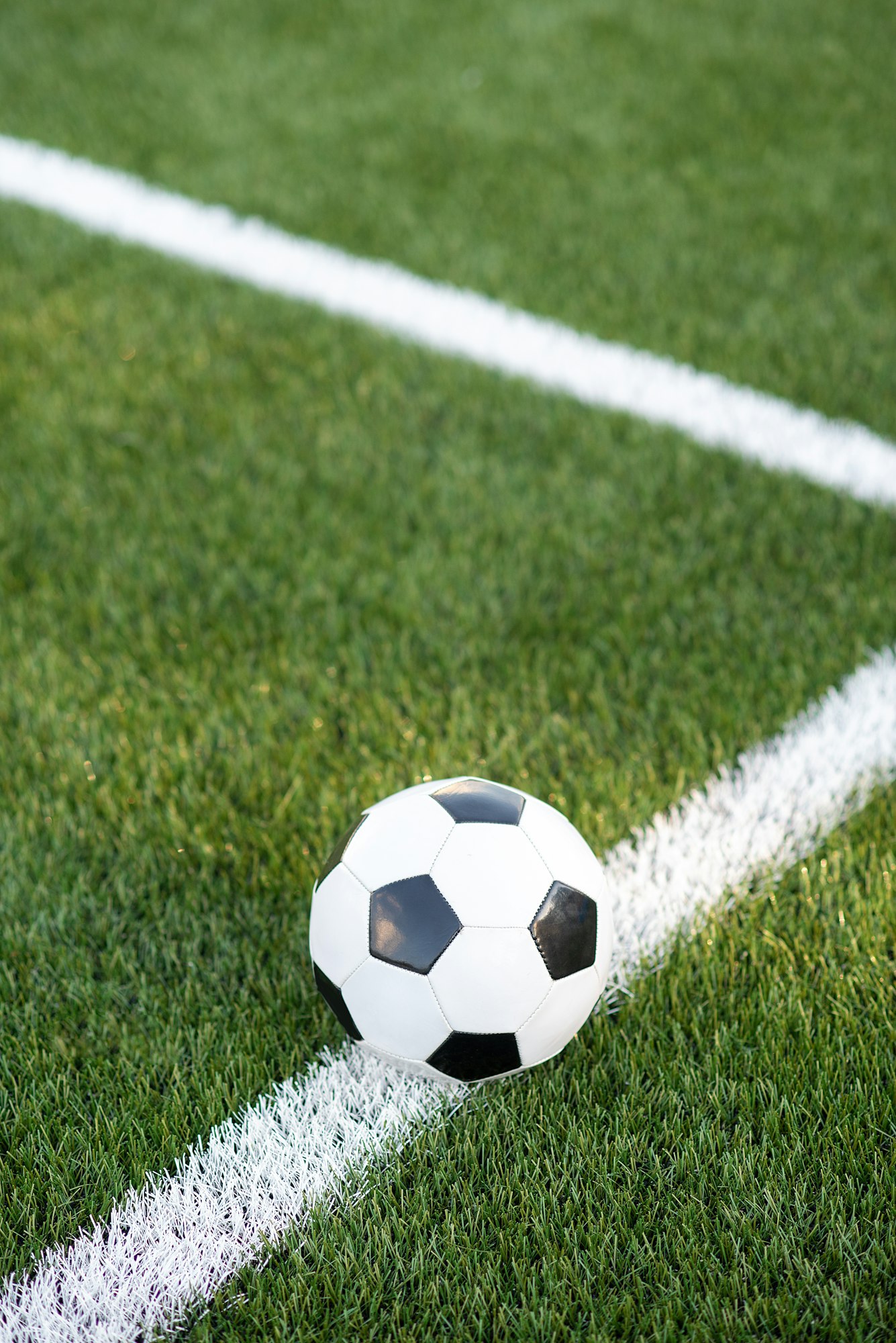 Traditional soccer ball on soccer field. black and White Soccer ball on green meadow